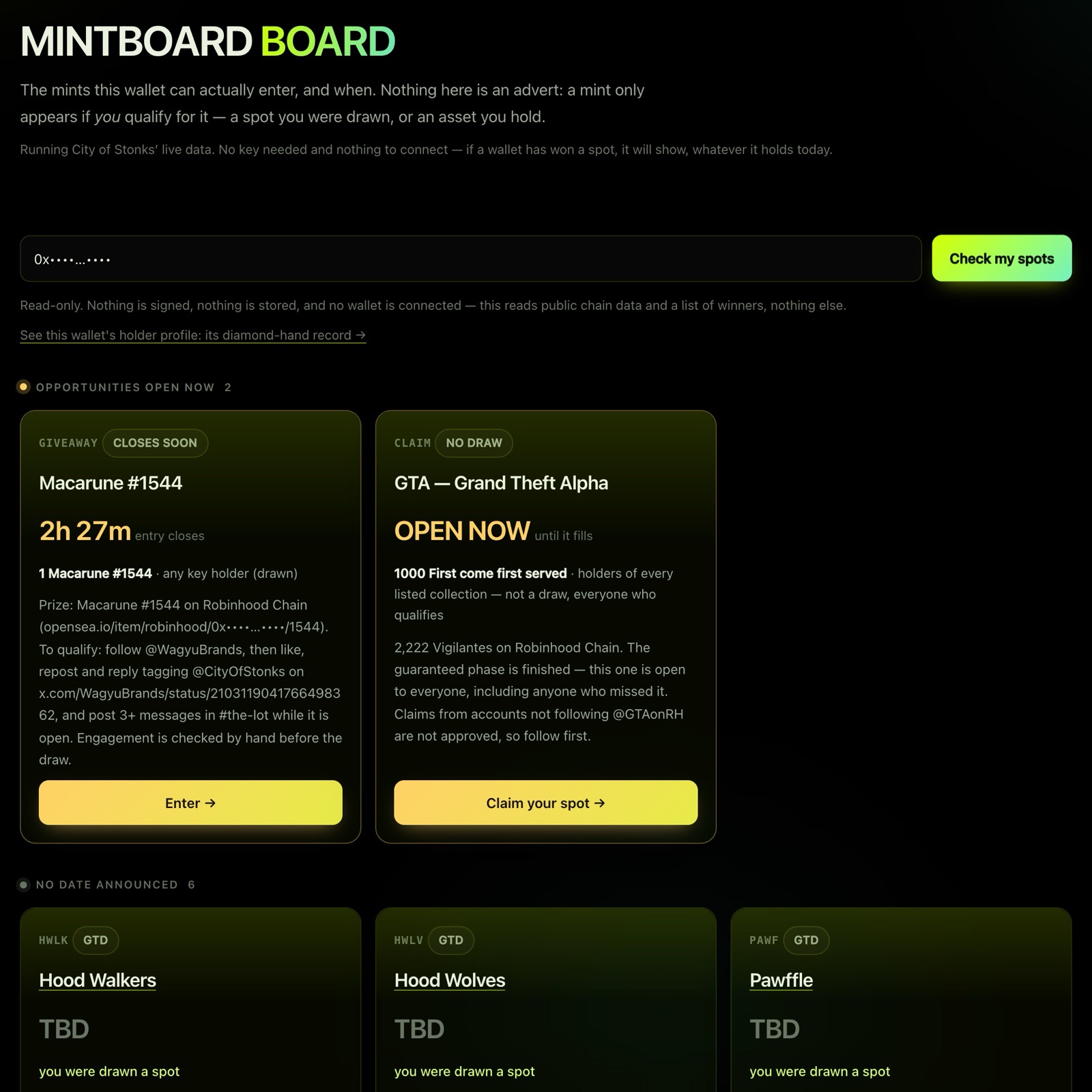 A wallet checked on the board: the giveaways it can enter now, then every mint it was drawn a spot in. Address hidden.