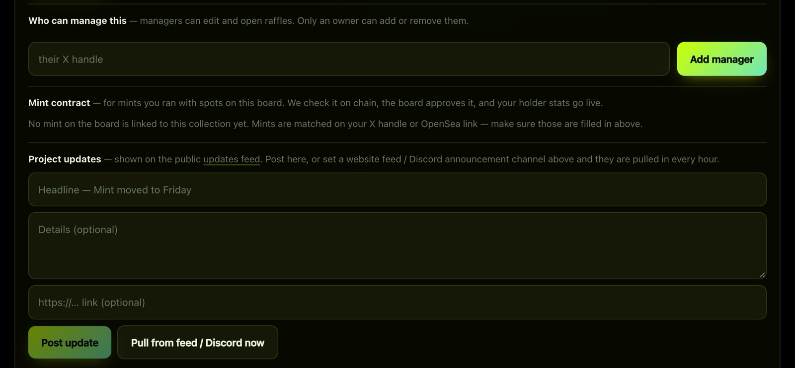 Below the card: add managers, file your mint contract, and post updates to the public feed or pull them from your site or Discord.