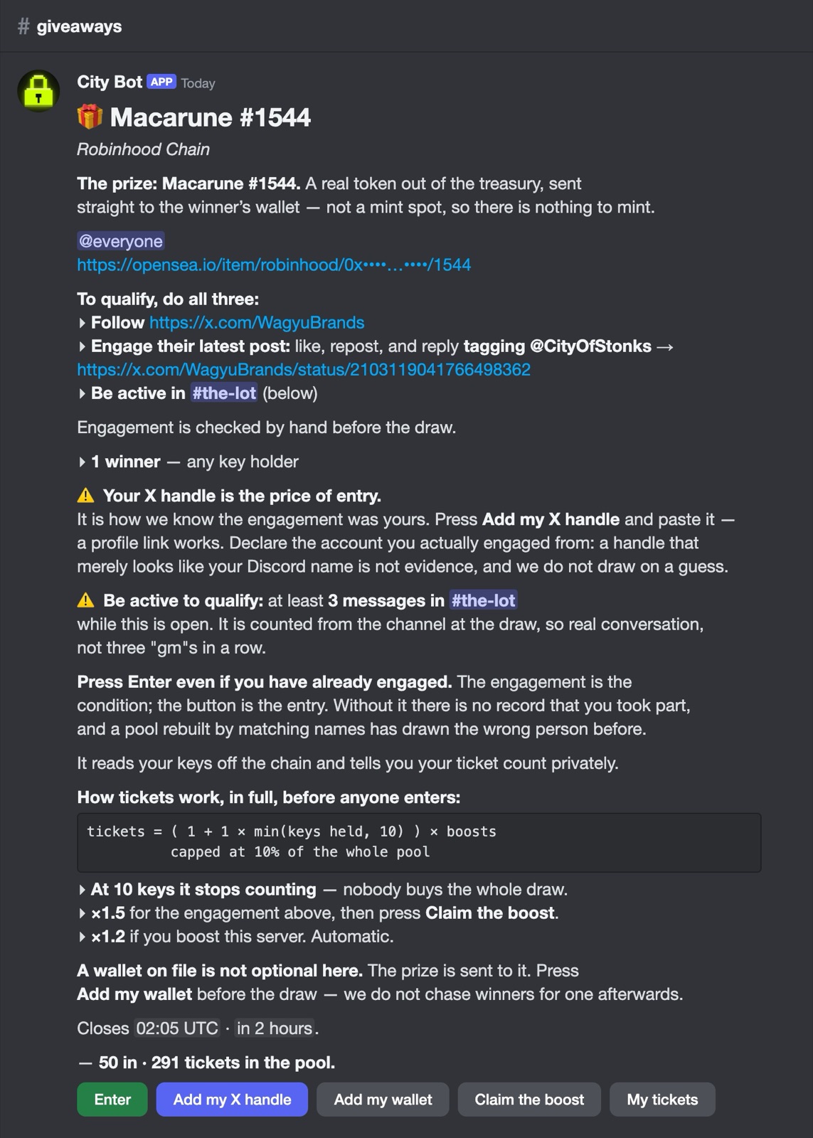 A real giveaway post from City Bot: the prize, what to do to qualify, the ticket formula, and the buttons. Addresses hidden.