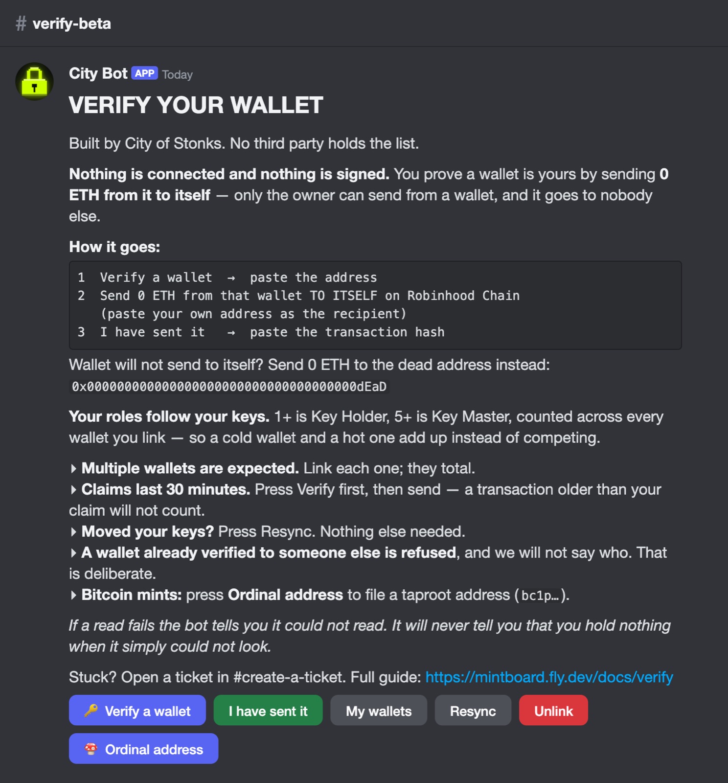 The panel pinned in #verify-beta, with its buttons.