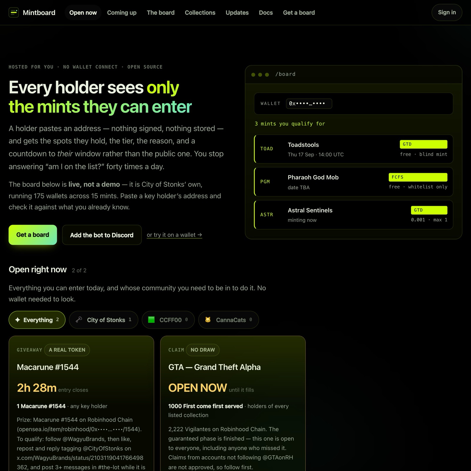 The home page: what Mintboard does, with the live City of Stonks board beside it and the raffles open right now.
