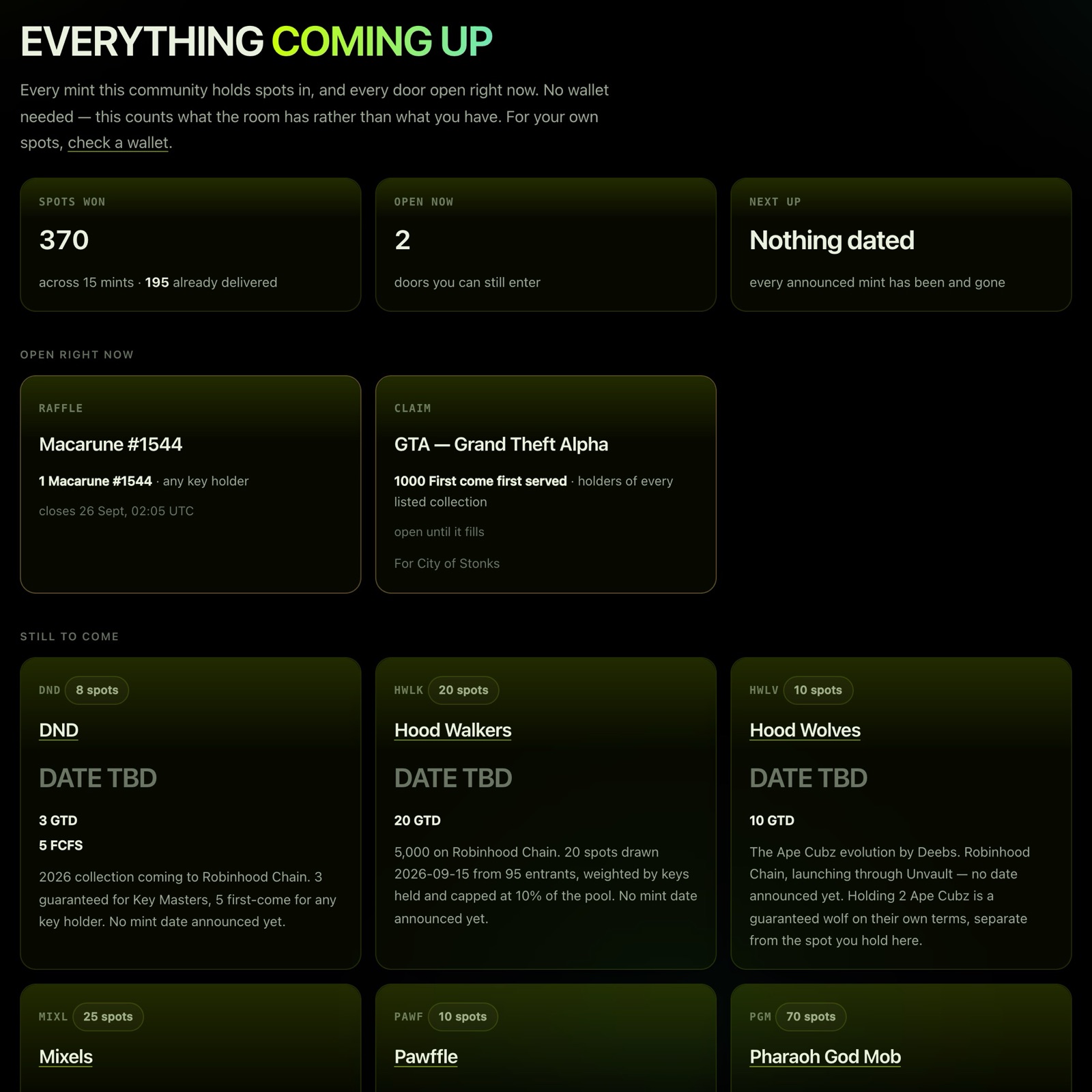 Coming up: everything open now, every mint still to come, and what has already been delivered.